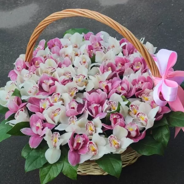 Цветочная композиция орхидей в корзине (любые цвета) - фото 1
